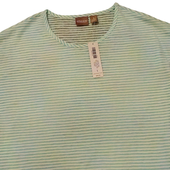 Chico's -NWT Shadow Striped Sleeveless Tunic Top, Lined Inside Front, White/Aqua - Picture 2 of 14
